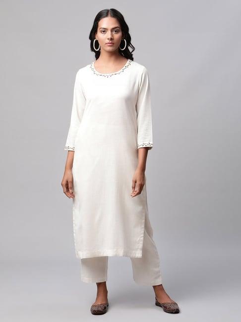 linen club woman off white embroidered straight kurta