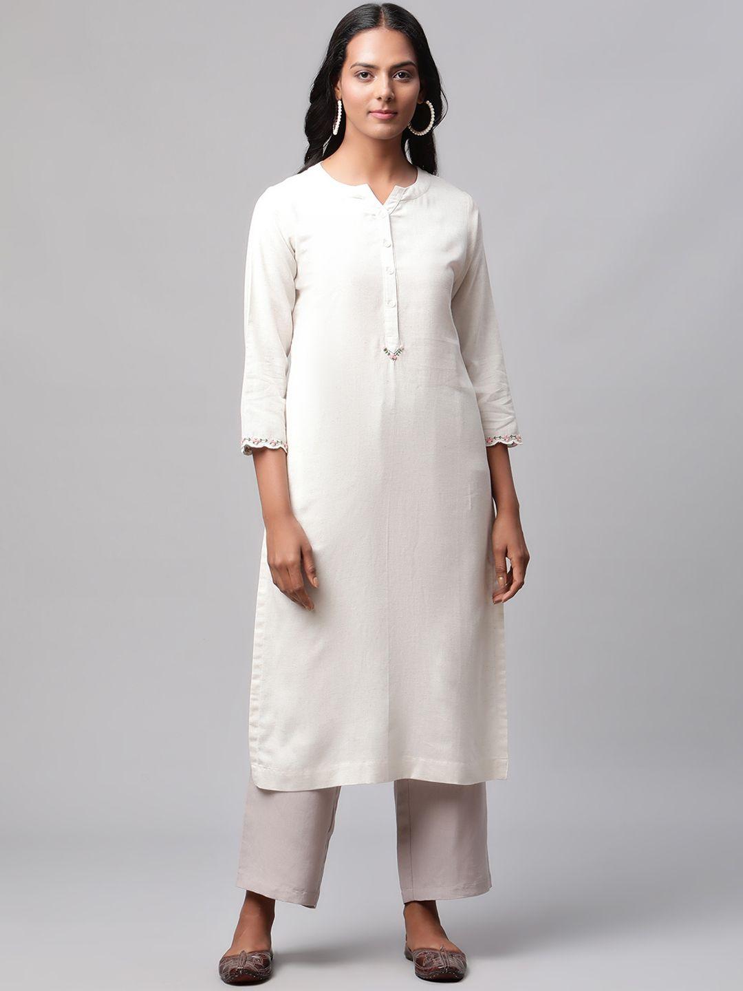 linen club woman off white embroidered thread work kurta