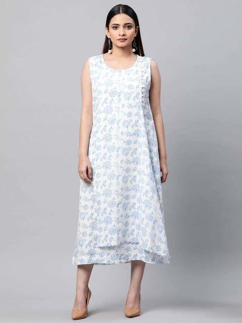 linen club woman off-white linen floral print a-line dress