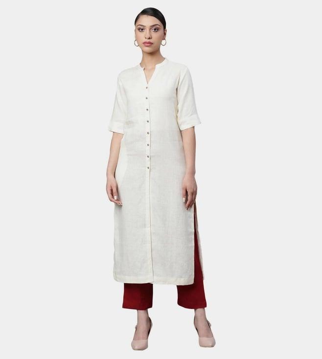 linen club woman off white solid kurta