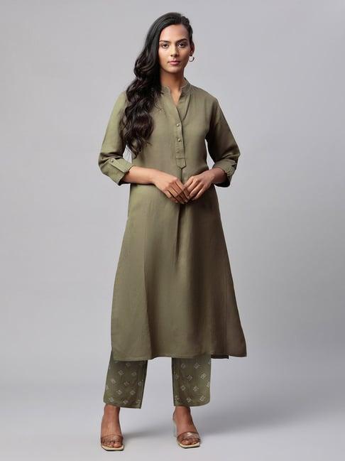 linen club woman olive kurta & palazzo set