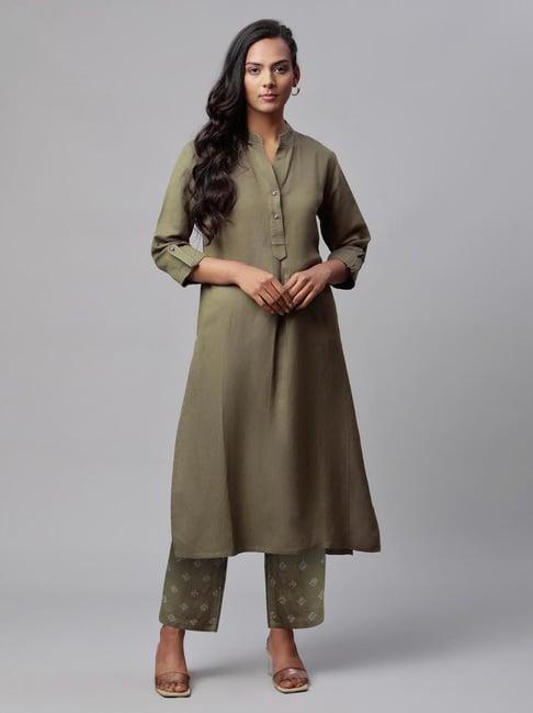 linen club woman olive kurta set