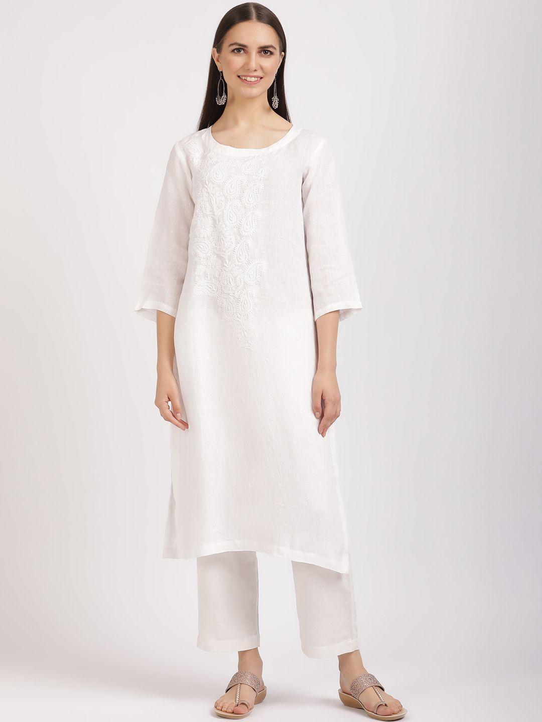 linen club woman paisley embroidered chikankari white romance straight kurta