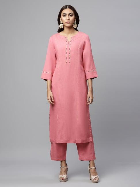 linen club woman pink embroidered kurta & palazzo set