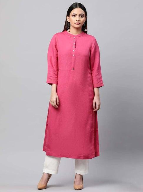 linen club woman pink linen embroidered straight kurta