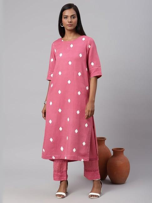 linen club woman pink printed straight kurta