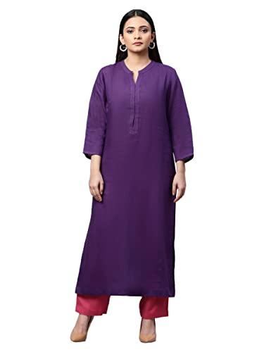 linen club woman pure line purple front placket long kurta (size: m)