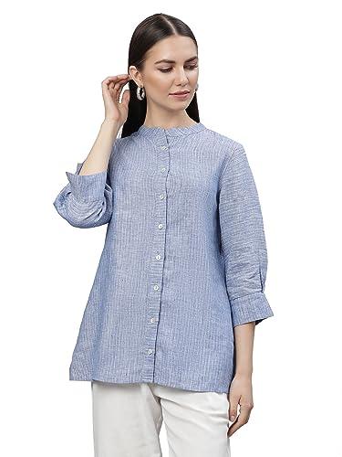 linen club woman pure linen blue striped tunic for women (size:s)-lwtnst0090197