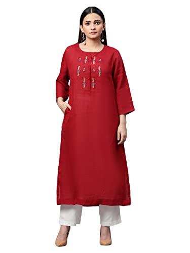 linen club woman pure linen maroon front placket embroided long kurta (size: m)