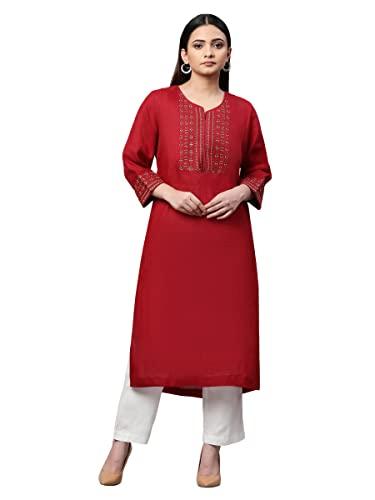 linen club woman pure linen maroon long kurta with embroidery (size: xl)