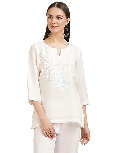 linen club woman pure linen off white embroidered tunic for women (size:xl)-lwtneb0080193