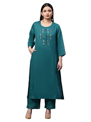 linen club woman pure linen teal front placket embroided long kurta (size: m)