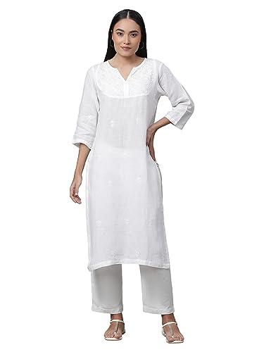 linen club woman pure linen white embroidered kurta for women (size:l)-lwkieb0080189