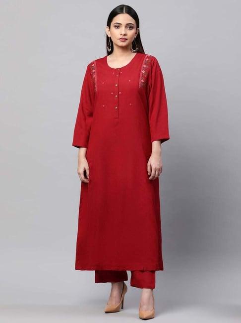 linen club woman red linen embroidered a line kurta