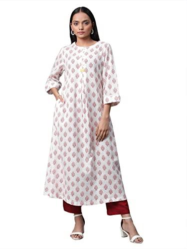 linen club woman red printed a line kurta (size: m)-lcwess22lkfred0062