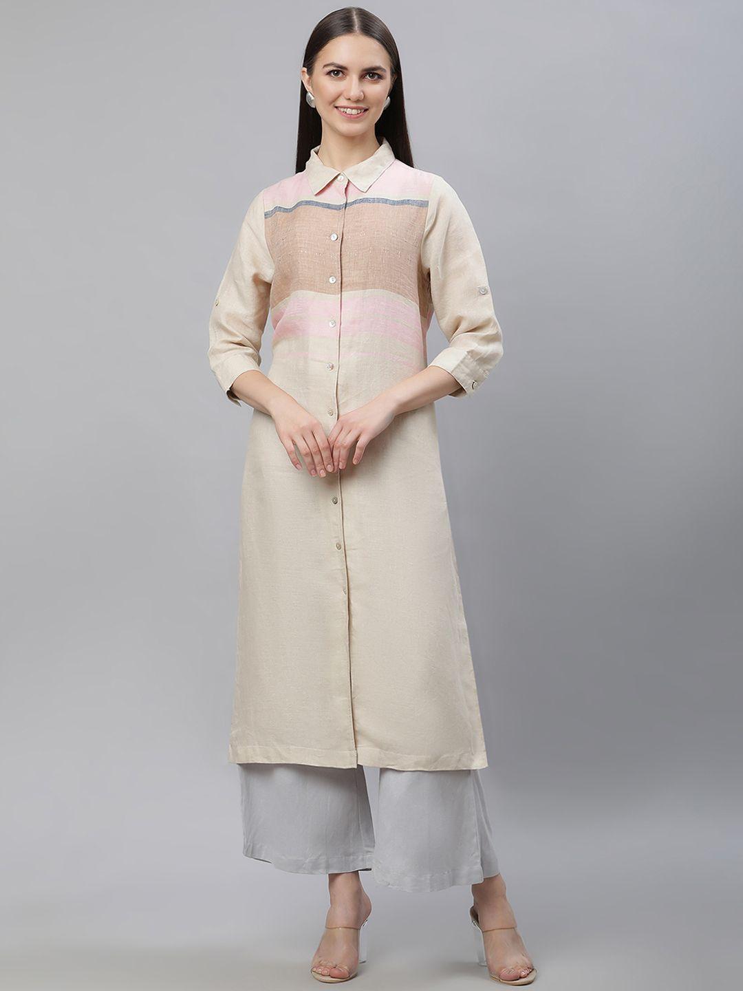 linen club woman shirt collar roll-up sleeves straight kurta