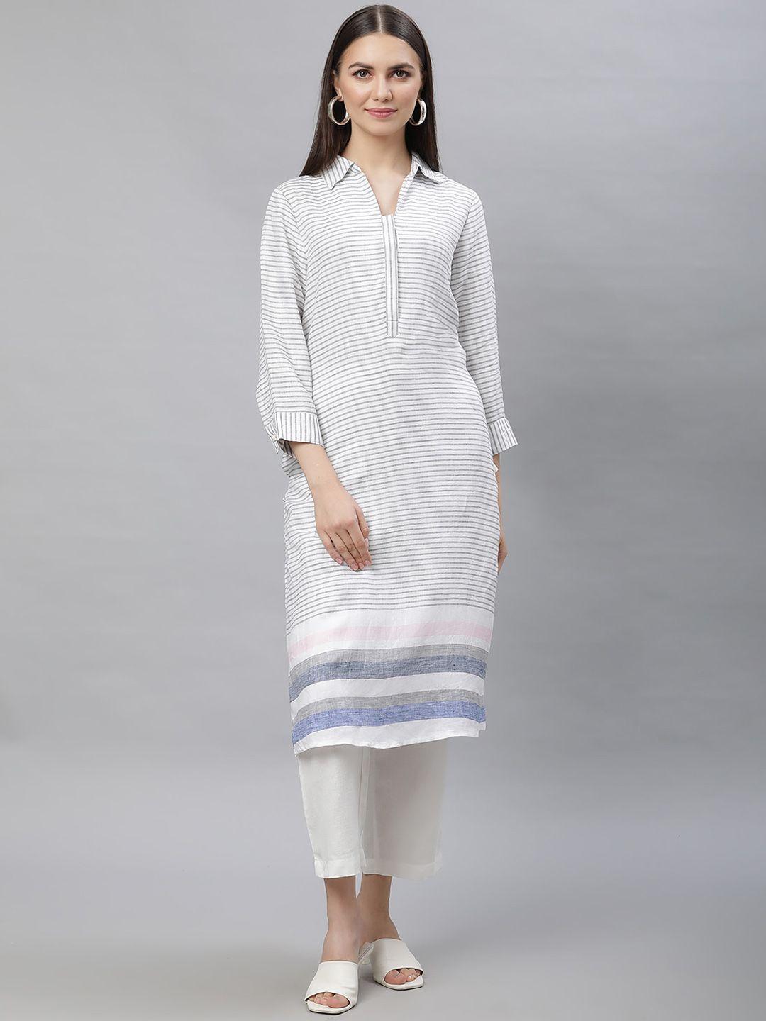 linen club woman striped shirt collar cuffed sleeve straight kurta