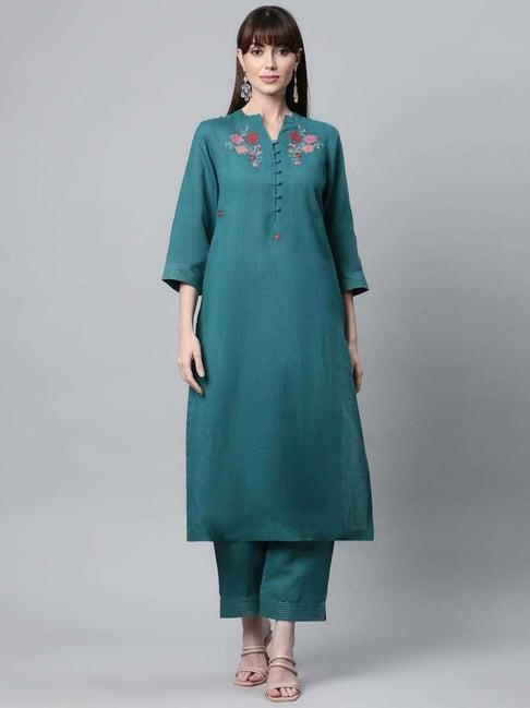 linen club woman teal blue linen embroidered kurta pant set