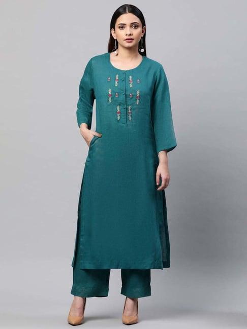 linen club woman teal blue linen embroidered straight kurta