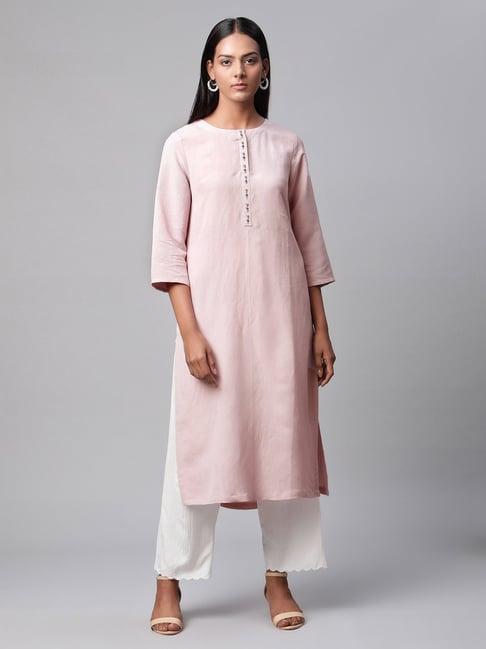 linen club woman white & pink embroidered kurta & palazzo set
