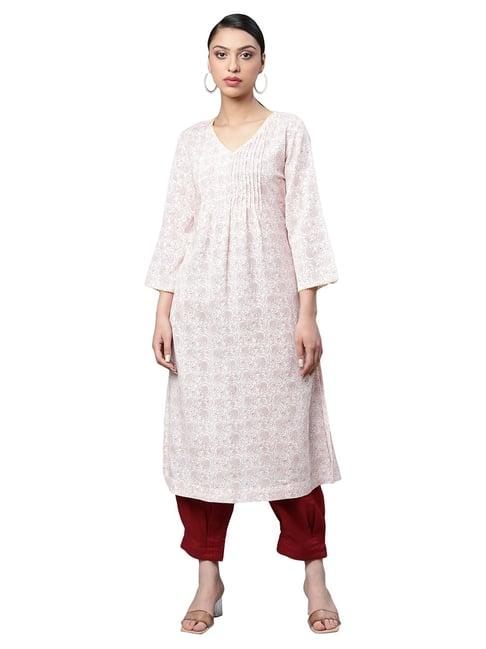 linen club woman white & red printed kurta & salwaar