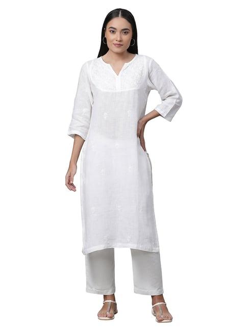 linen club woman white linen embroidered a line kurta