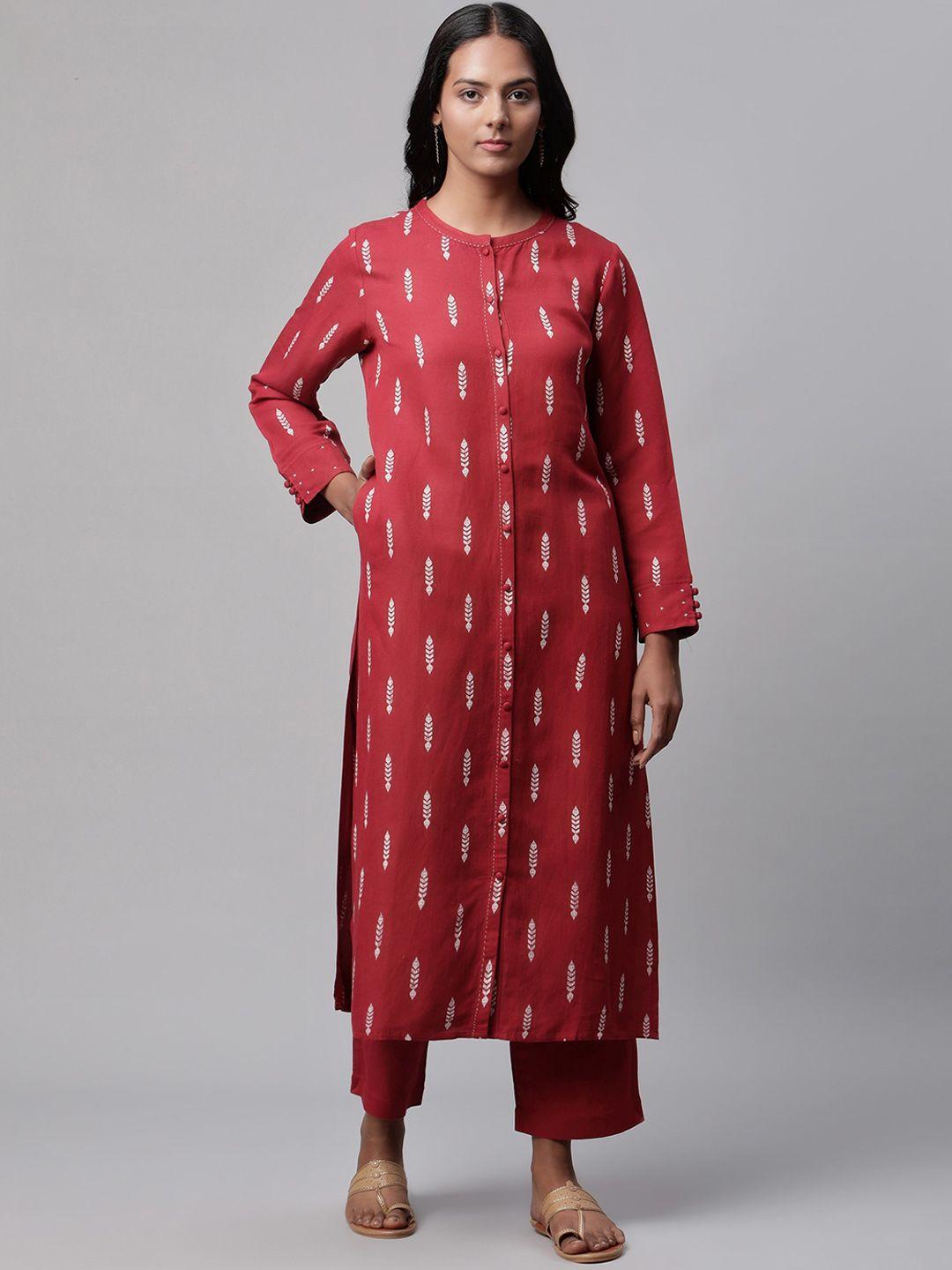 linen club woman women maroon ethnic motifs flared sleeves thread work sustainable kurta