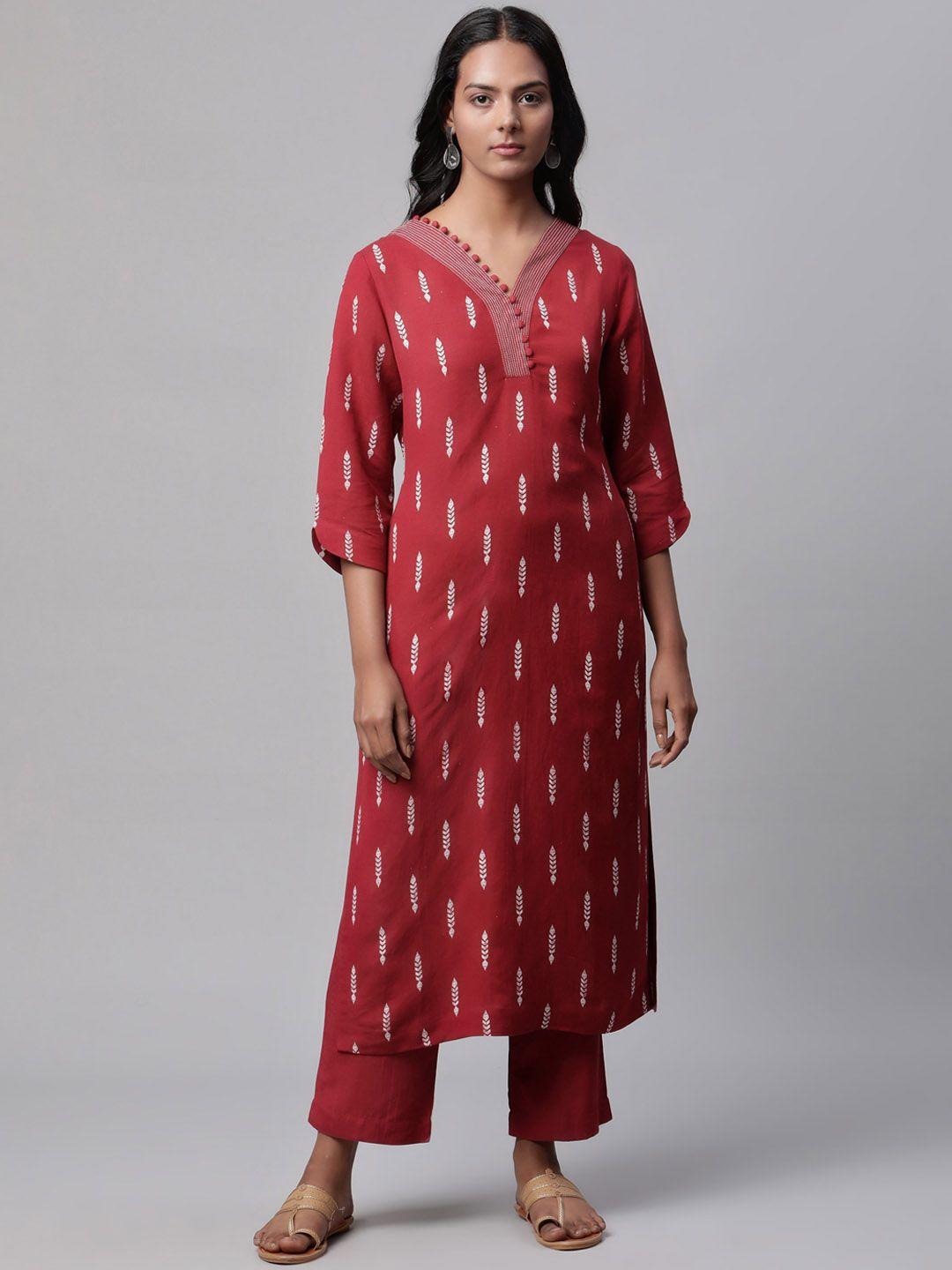 linen club woman women maroon ethnic motifs printed linen sustainable kurta with palazzos