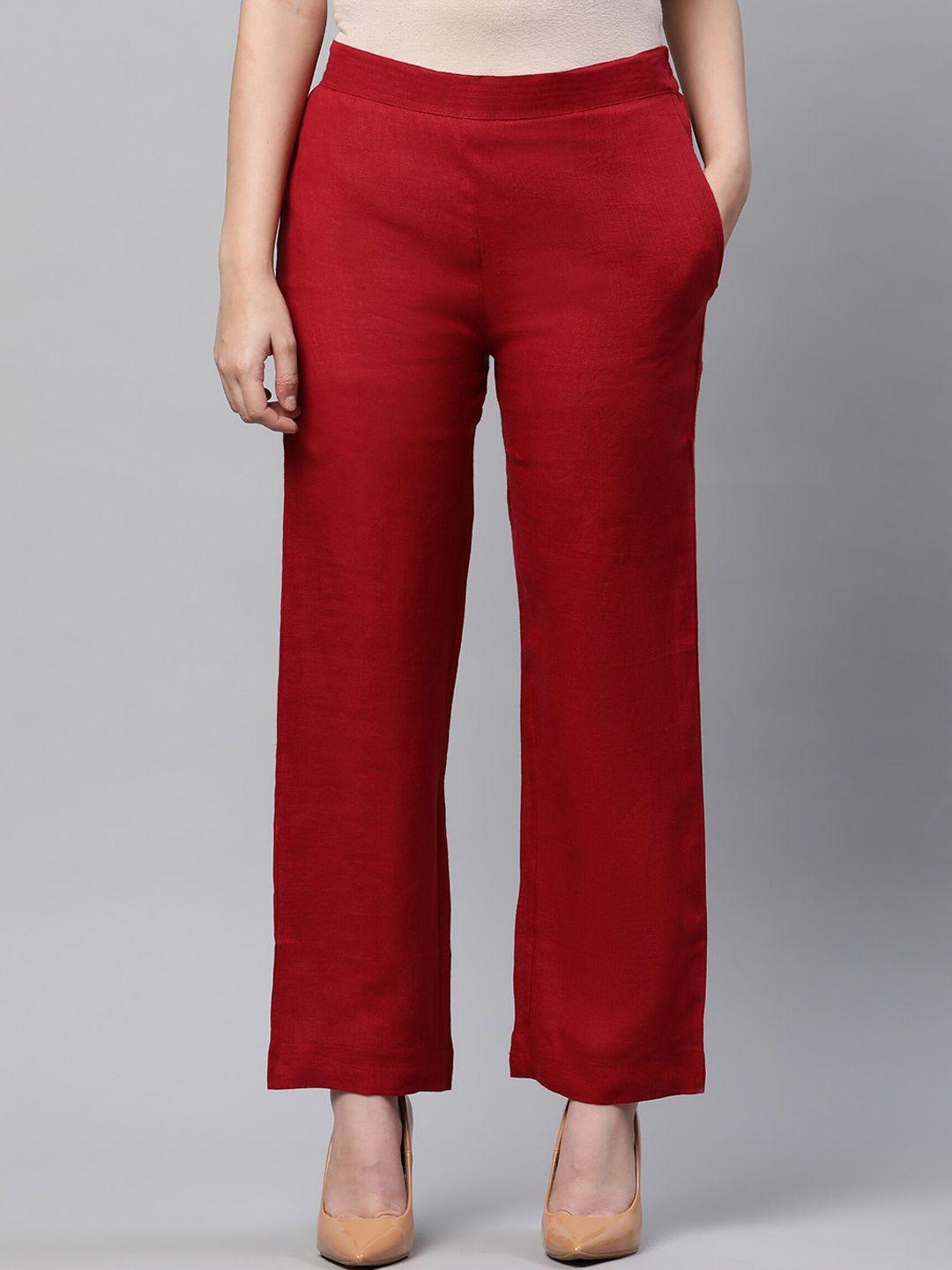 linen club woman women maroon solid straight-fit linen lounge pants