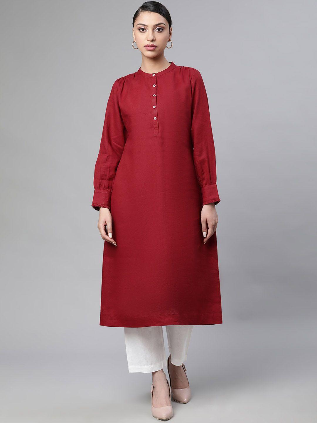 linen club woman women maroon thread work sustainable kurta