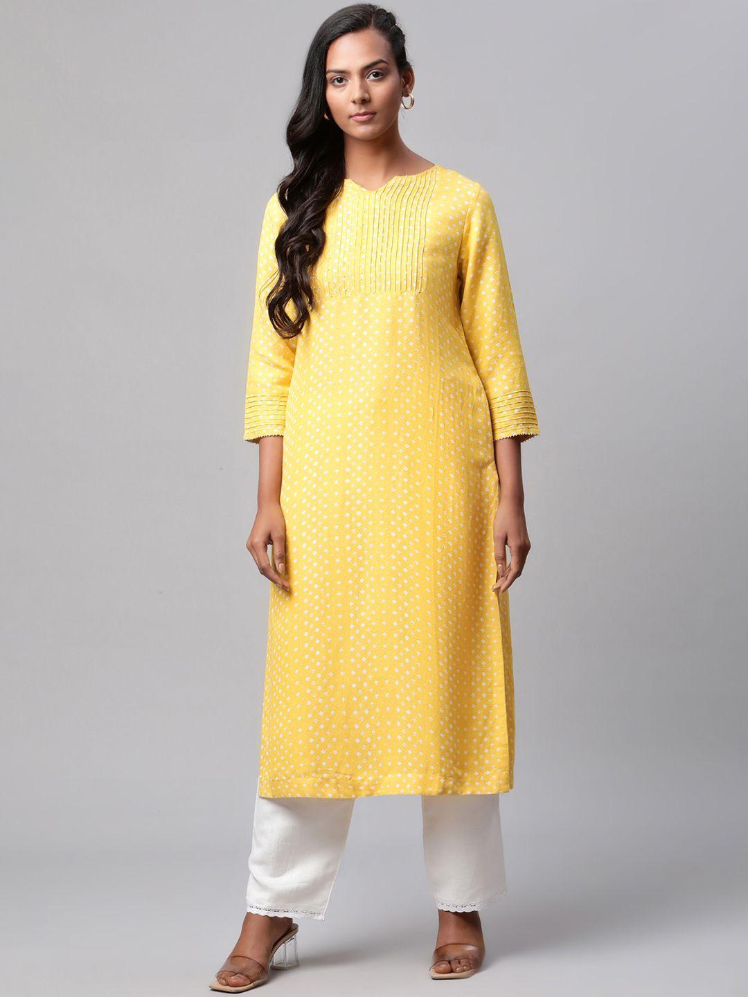 linen club woman women mustard yellow & white ethnic motifs printed linen sustainable kurta