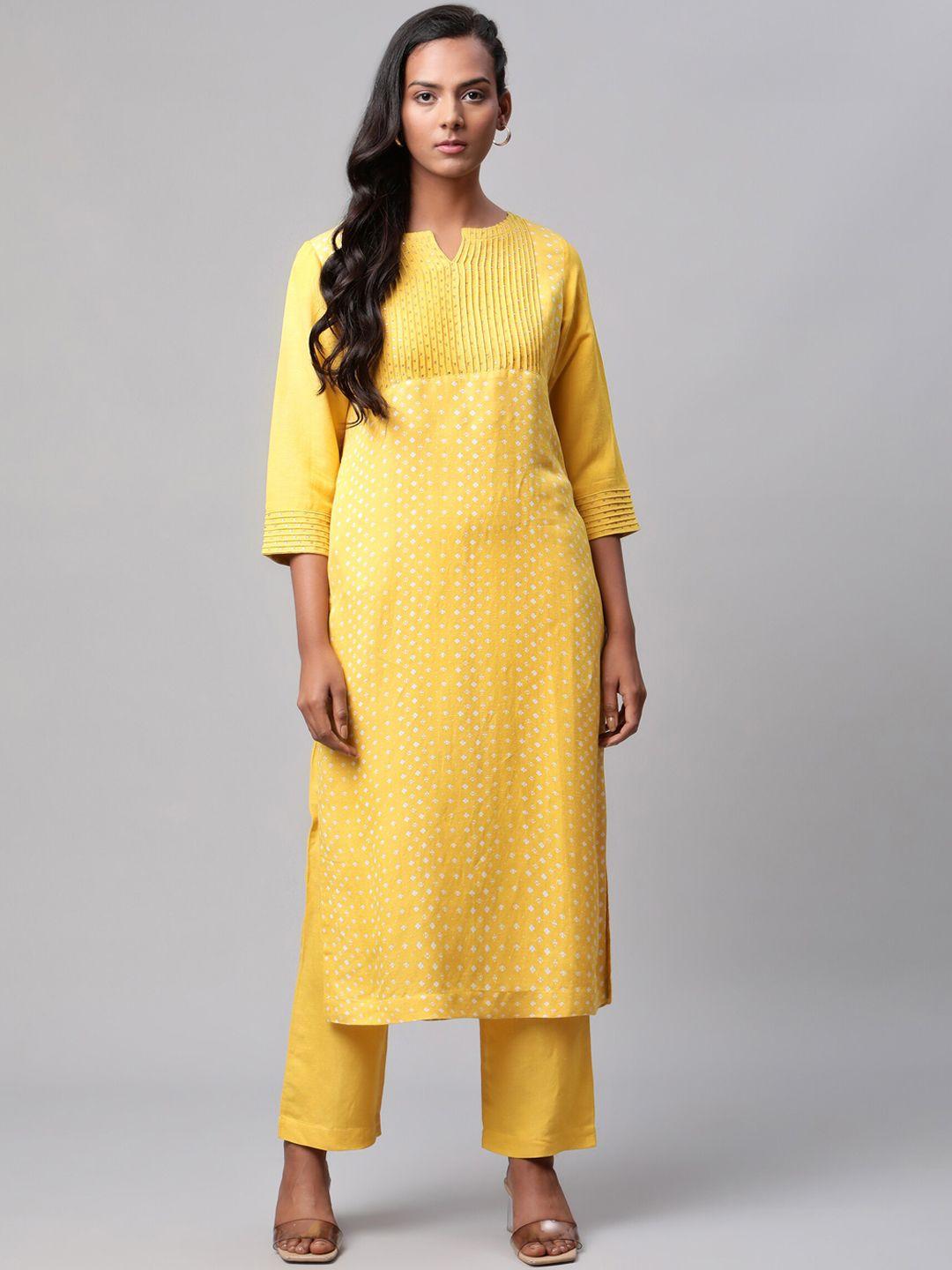 linen club woman women mustard yellow ethnic motifs printed linen sustainable kurta with trousers