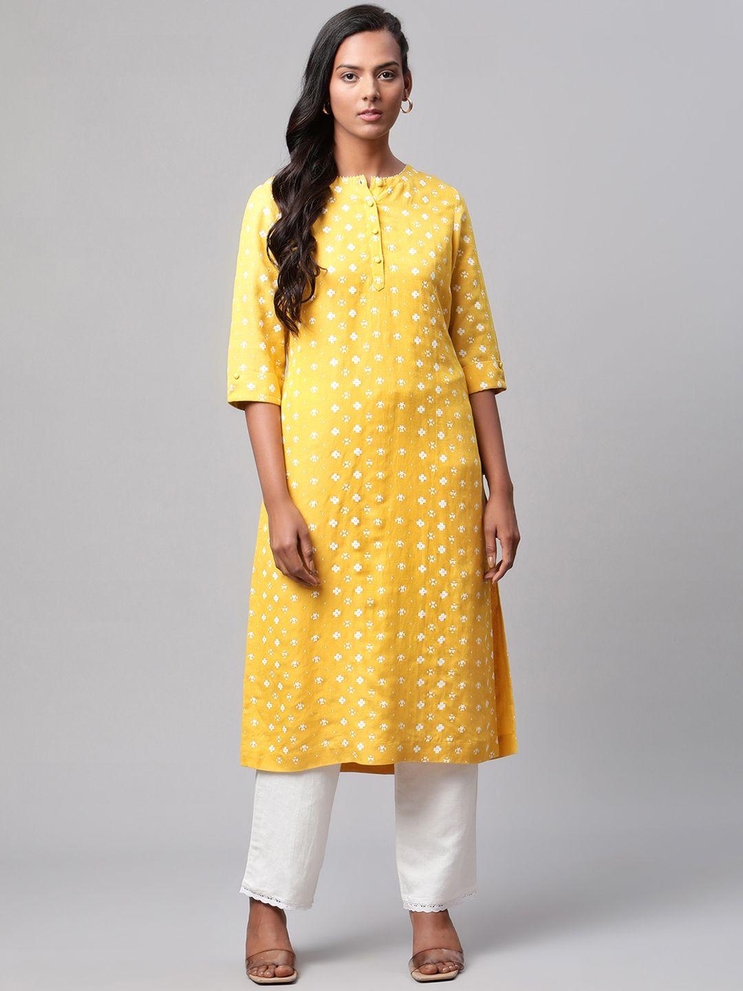 linen club woman women mustard yellow ethnic motifs printed sustainable kurta