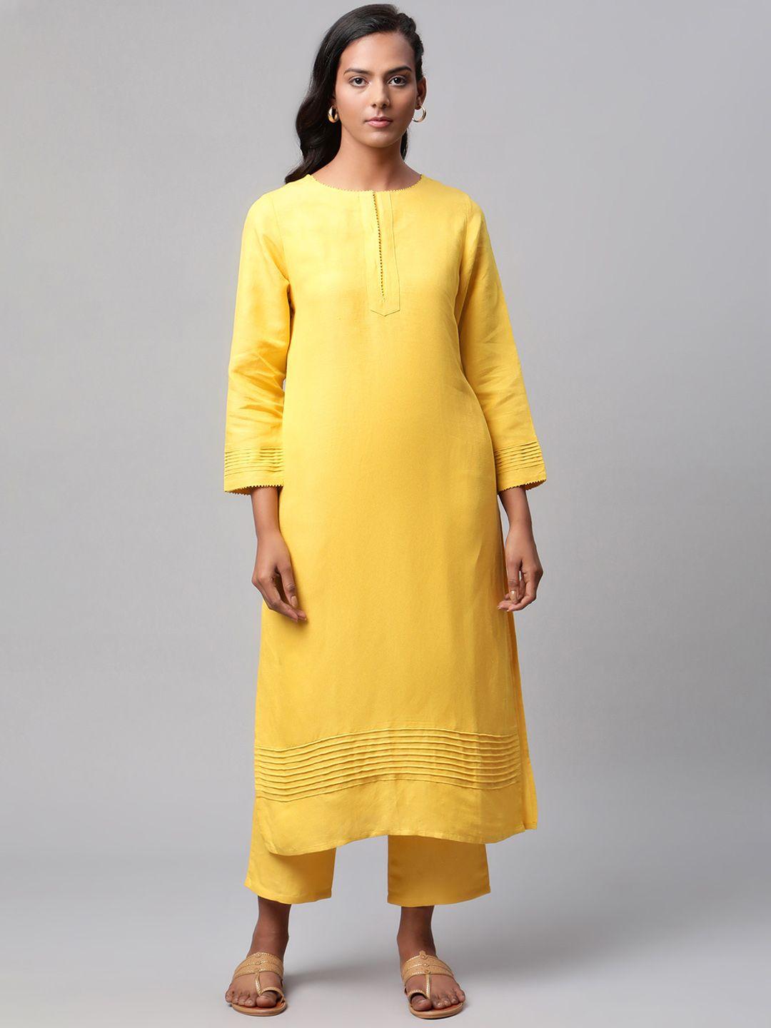 linen club woman women mustard yellow linen kurta with trousers