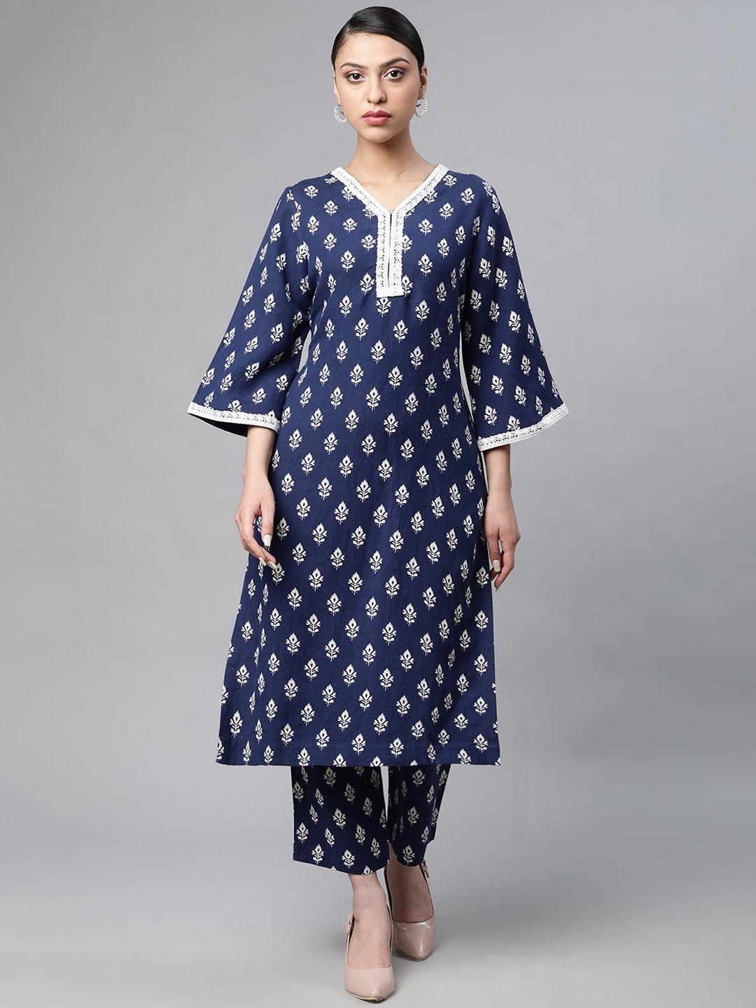 linen club woman women navy blue ethnic motifs printed empire linen kurta with palazzos