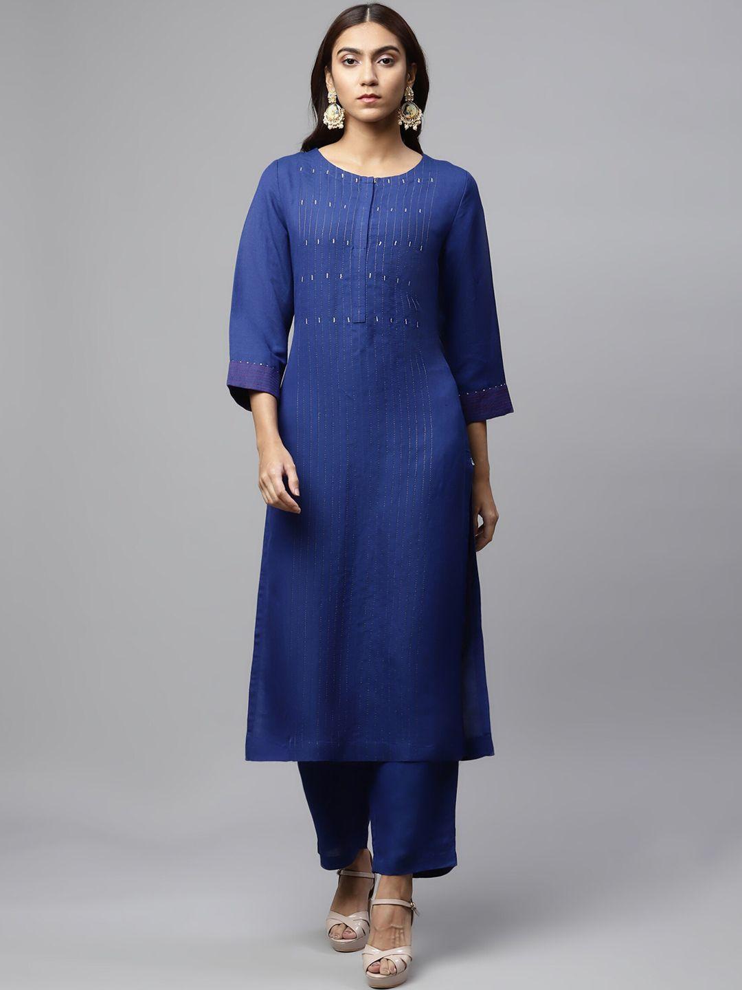 linen club woman women navy blue linen sustainable kurta with trousers