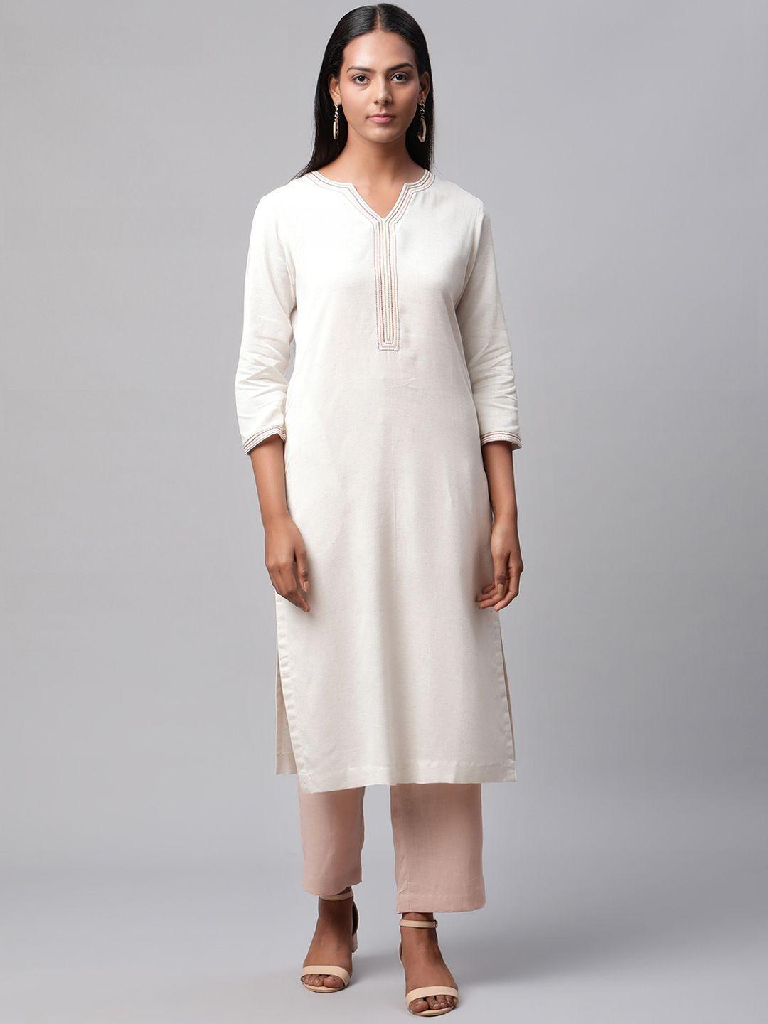 linen club woman women off white thread work kurta