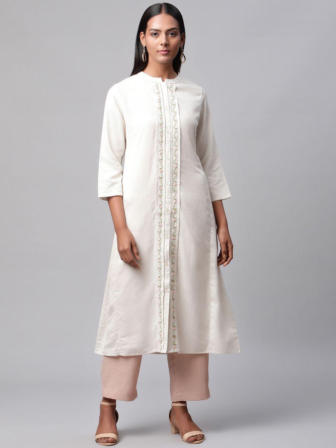 linen club woman women off white thread work panelled kurta