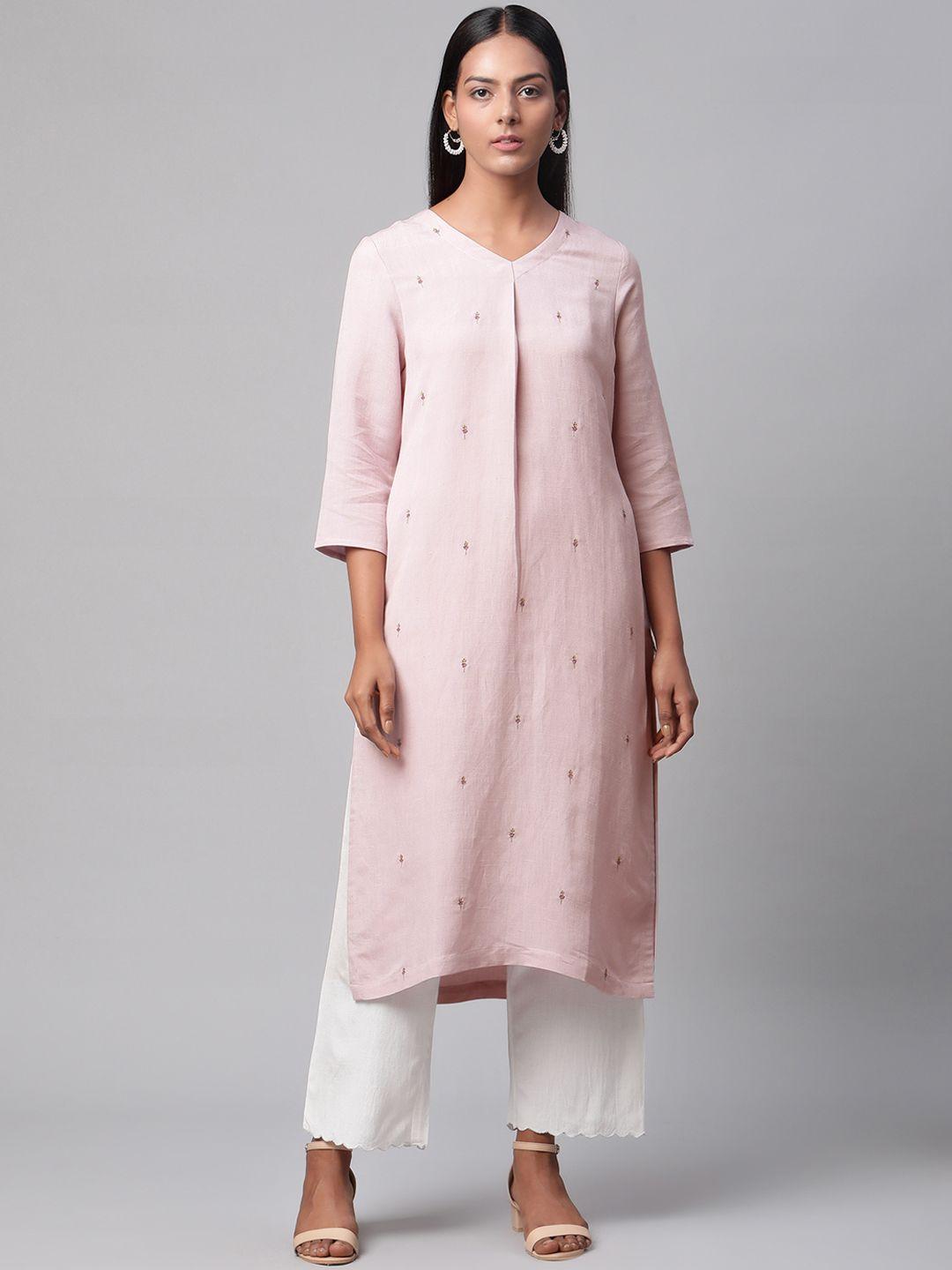 linen club woman women pink ethnic motifs embroidered thread work linen sustainable kurta