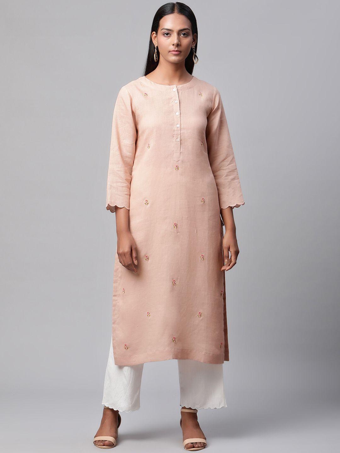 linen club woman women pink floral embroidered thread work linen sustainable kurta