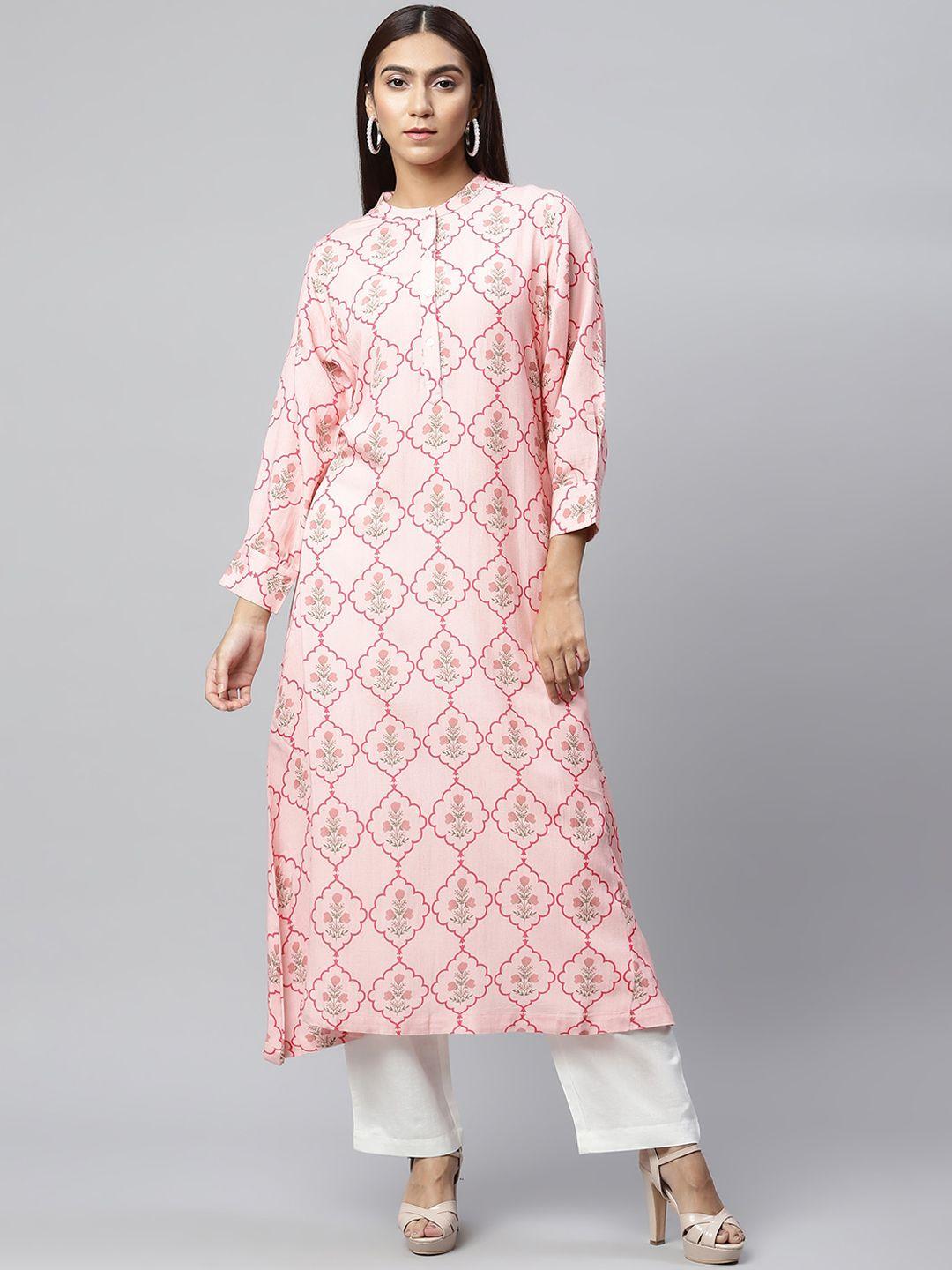 linen club woman women pink geometric printed kurta