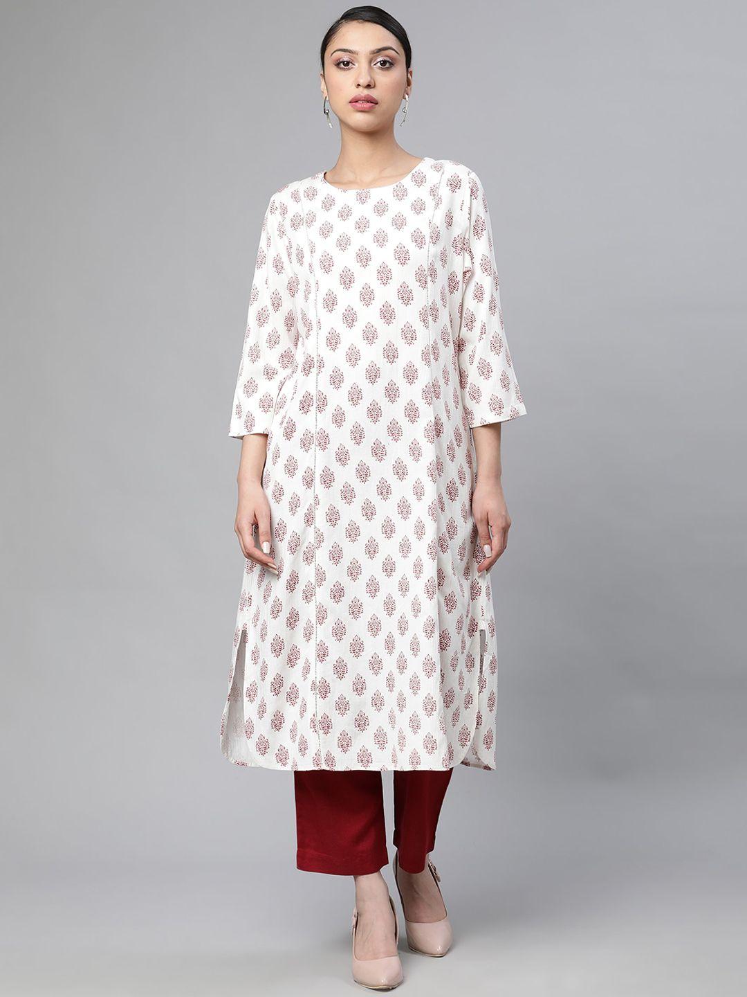 linen club woman women red ethnic motifs printed kurta