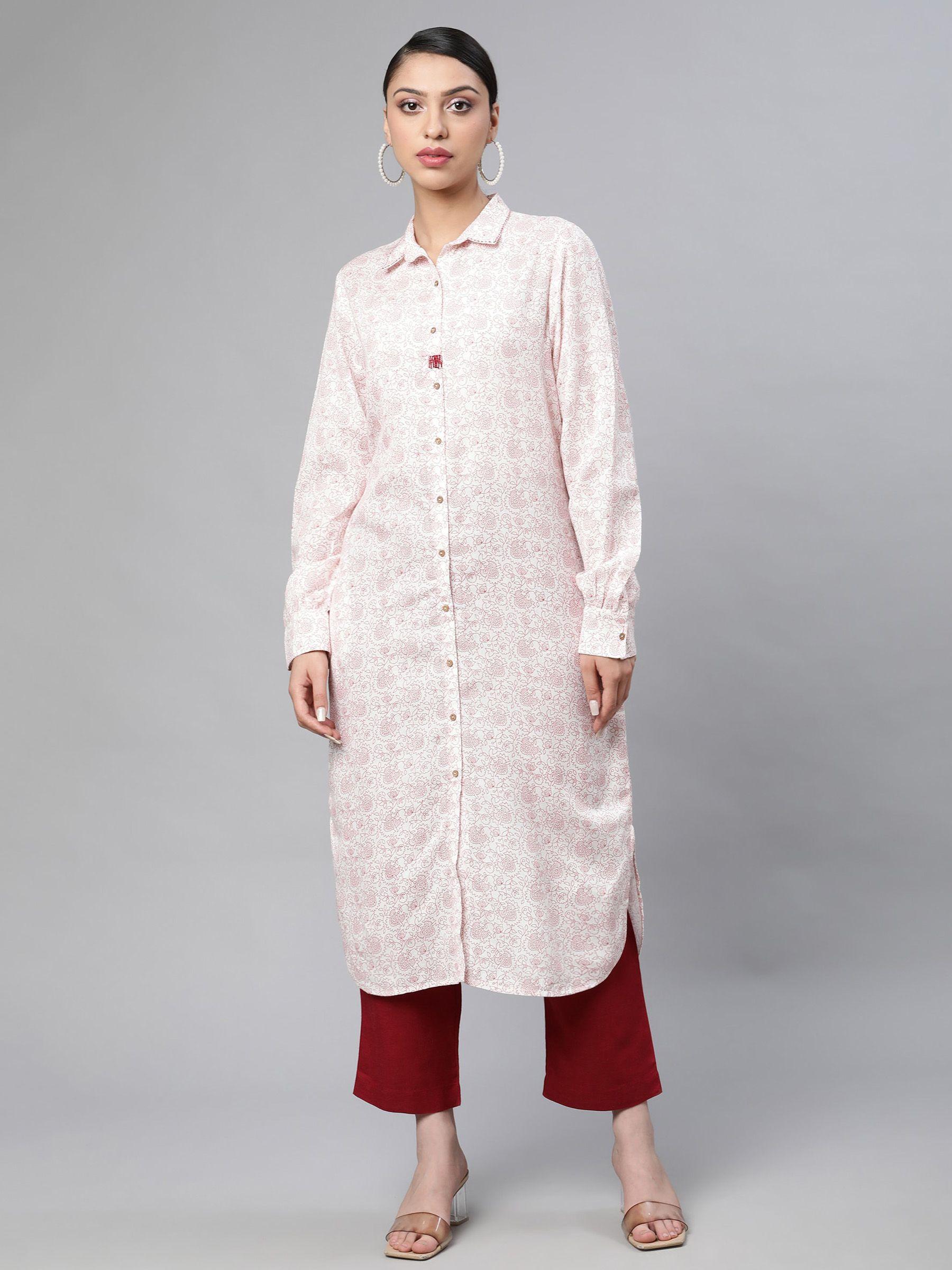 linen club woman women red printed linen kurta with trousers