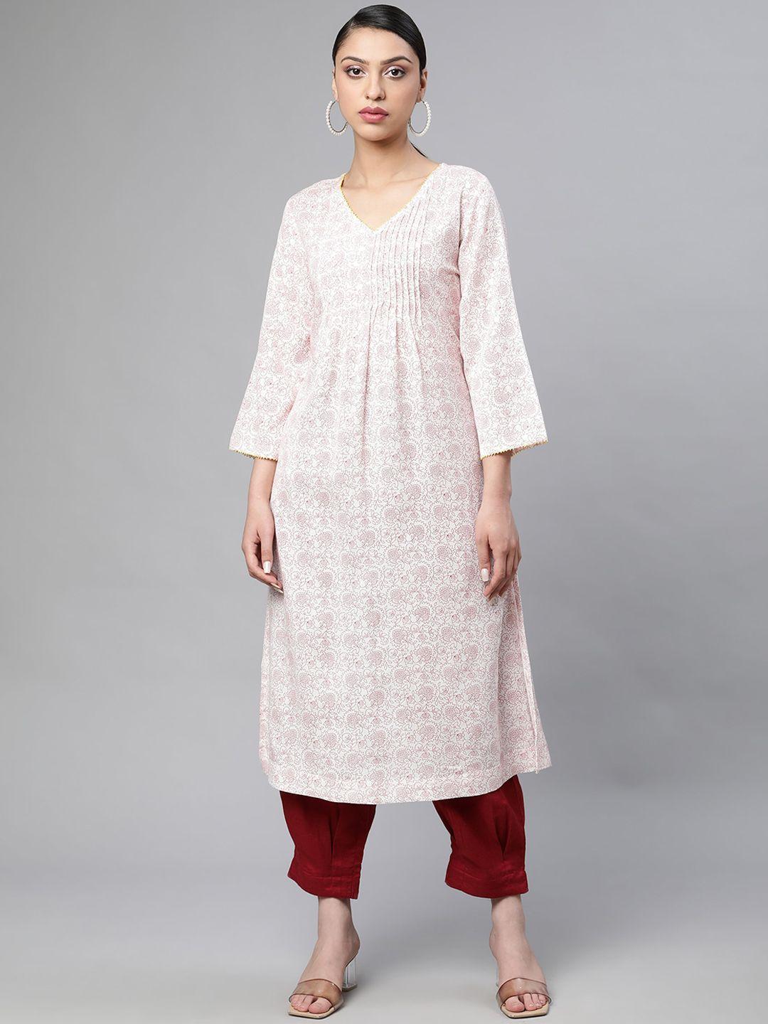 linen club woman women red printed pleated linen kurta with trousers