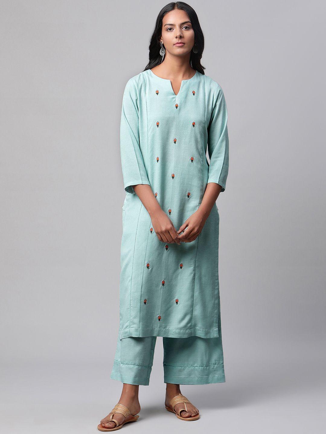 linen club woman women turquoise blue ethnic motifs embroidered thread work linen kurta with palazzos