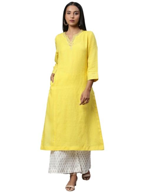 linen club woman yellow & white printed kurta palazzo set