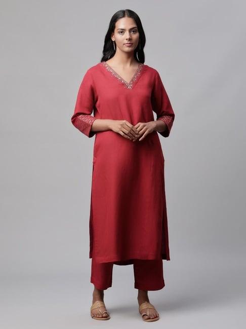 linen club women maroon embellished kurta set