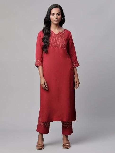 linen club women maroon embellished kurta