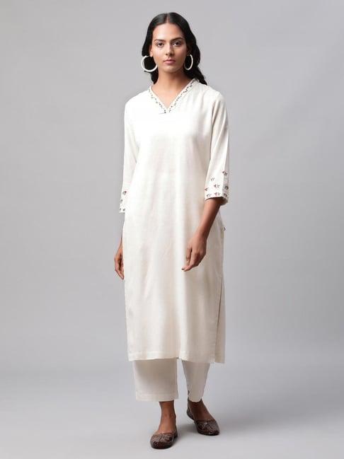 linen club women off white embroidered kurta