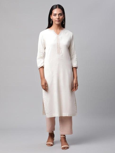 linen club women off white embroidered kurta